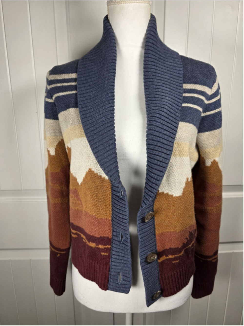 Pendleton Western Scenic Cardigan Women S Cowboy Horse Blue Rust Cotton Sweater - Picture 6 of 14